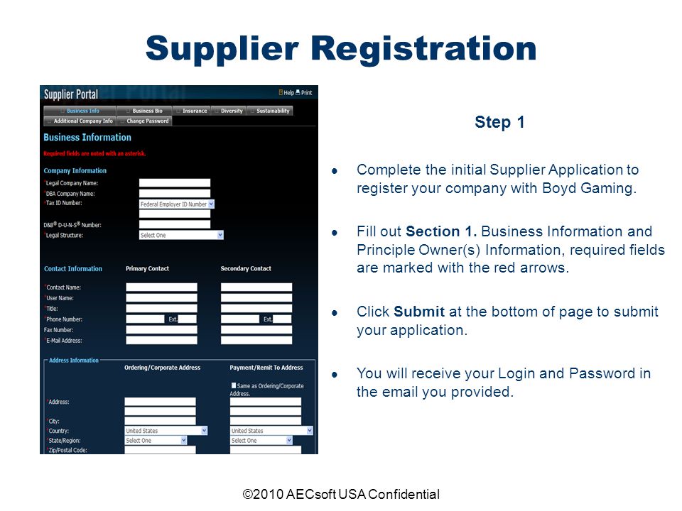 ©2010 AECsoft USA Confidential Supplier Registration Step 1 Complete the initial Supplier Application to register your company with Boyd Gaming.