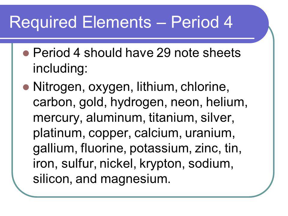 Required Elements – Period 4 Period 4 should have 29 note sheets including: Nitrogen, oxygen, lithium, chlorine, carbon, gold, hydrogen, neon, helium, mercury, aluminum, titanium, silver, platinum, copper, calcium, uranium, gallium, fluorine, potassium, zinc, tin, iron, sulfur, nickel, krypton, sodium, silicon, and magnesium.