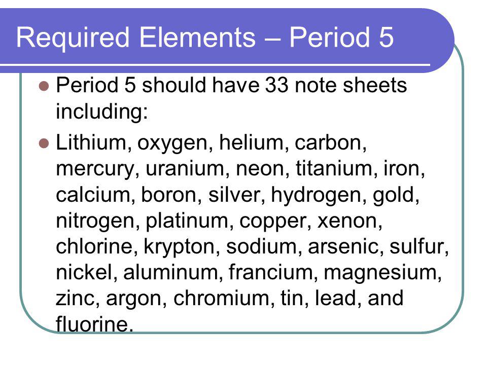 Required Elements – Period 5 Period 5 should have 33 note sheets including: Lithium, oxygen, helium, carbon, mercury, uranium, neon, titanium, iron, calcium, boron, silver, hydrogen, gold, nitrogen, platinum, copper, xenon, chlorine, krypton, sodium, arsenic, sulfur, nickel, aluminum, francium, magnesium, zinc, argon, chromium, tin, lead, and fluorine.