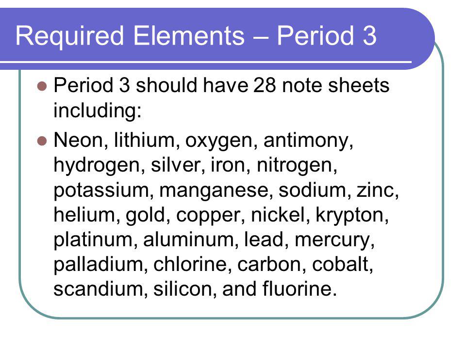 Required Elements – Period 3 Period 3 should have 28 note sheets including: Neon, lithium, oxygen, antimony, hydrogen, silver, iron, nitrogen, potassium, manganese, sodium, zinc, helium, gold, copper, nickel, krypton, platinum, aluminum, lead, mercury, palladium, chlorine, carbon, cobalt, scandium, silicon, and fluorine.