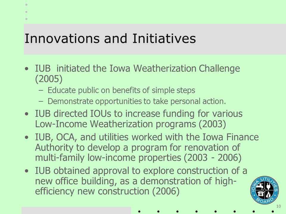 10 Innovations and Initiatives IUB initiated the Iowa Weatherization Challenge (2005) –Educate public on benefits of simple steps –Demonstrate opportunities to take personal action.