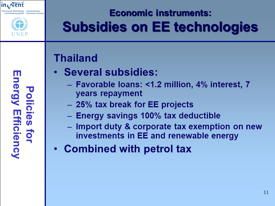 Policies for Energy Efficiency 11 Economic instruments: Subsidies on EE technologies Thailand Several subsidies: –Favorable loans: <1.2 million, 4% interest, 7 years repayment –25% tax break for EE projects –Energy savings 100% tax deductible –Import duty & corporate tax exemption on new investments in EE and renewable energy Combined with petrol tax