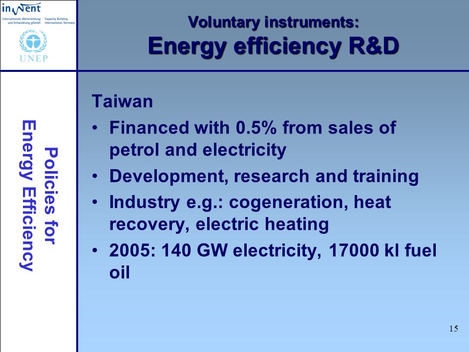 Policies for Energy Efficiency 15 Voluntary instruments: Energy efficiency R&D Taiwan Financed with 0.5% from sales of petrol and electricity Development, research and training Industry e.g.: cogeneration, heat recovery, electric heating 2005: 140 GW electricity, kl fuel oil