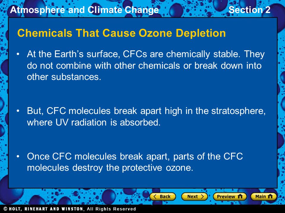 Atmosphere and Climate ChangeSection 2 At the Earths surface, CFCs are chemically stable.