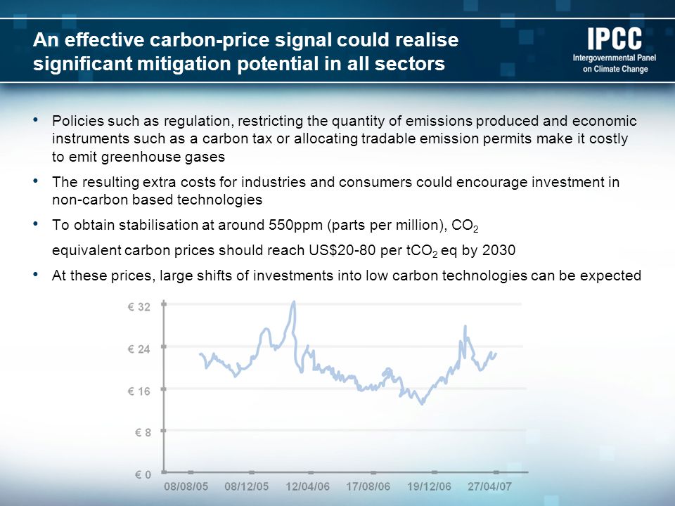 An effective carbon-price signal could realise significant mitigation potential in all sectors Policies such as regulation, restricting the quantity of emissions produced and economic instruments such as a carbon tax or allocating tradable emission permits make it costly to emit greenhouse gases The resulting extra costs for industries and consumers could encourage investment in non-carbon based technologies To obtain stabilisation at around 550ppm (parts per million), CO 2 equivalent carbon prices should reach US$20-80 per tCO 2 eq by 2030 At these prices, large shifts of investments into low carbon technologies can be expected