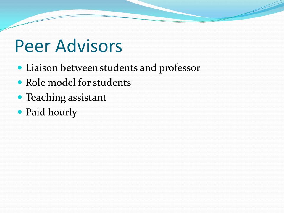Peer Advisors Liaison between students and professor Role model for students Teaching assistant Paid hourly