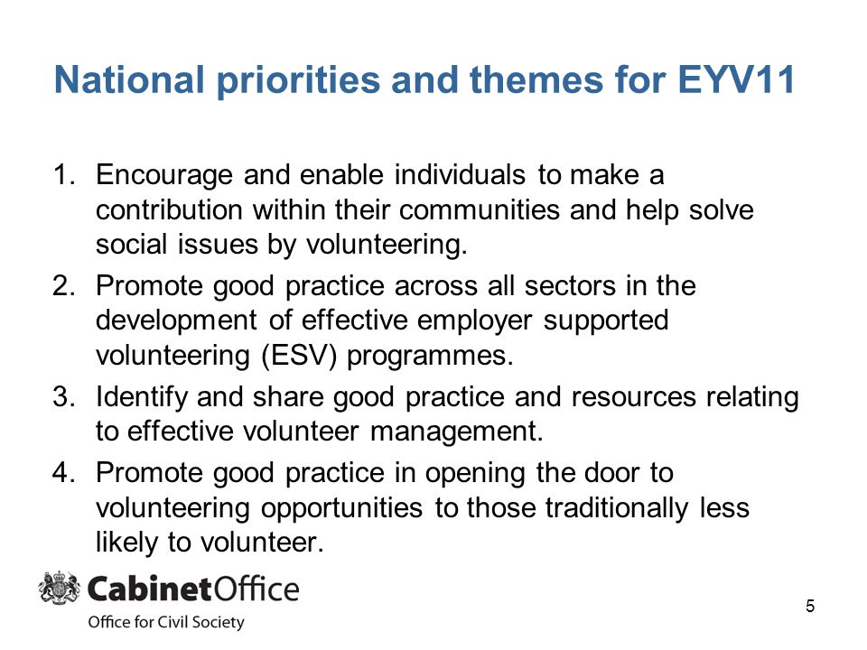 National priorities and themes for EYV11 1.Encourage and enable individuals to make a contribution within their communities and help solve social issues by volunteering.