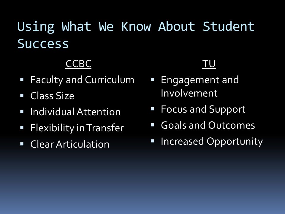 Using What We Know About Student Success CCBC Faculty and Curriculum Class Size Individual Attention Flexibility in Transfer Clear Articulation TU Engagement and Involvement Focus and Support Goals and Outcomes Increased Opportunity