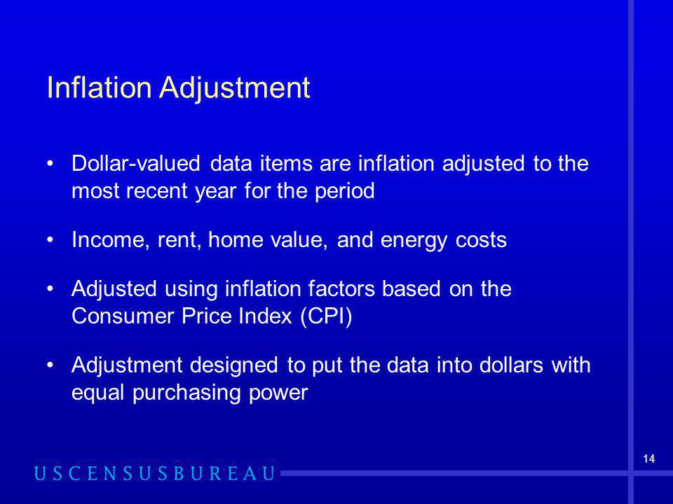 14 Inflation Adjustment Dollar-valued data items are inflation adjusted to the most recent year for the period Income, rent, home value, and energy costs Adjusted using inflation factors based on the Consumer Price Index (CPI) Adjustment designed to put the data into dollars with equal purchasing power
