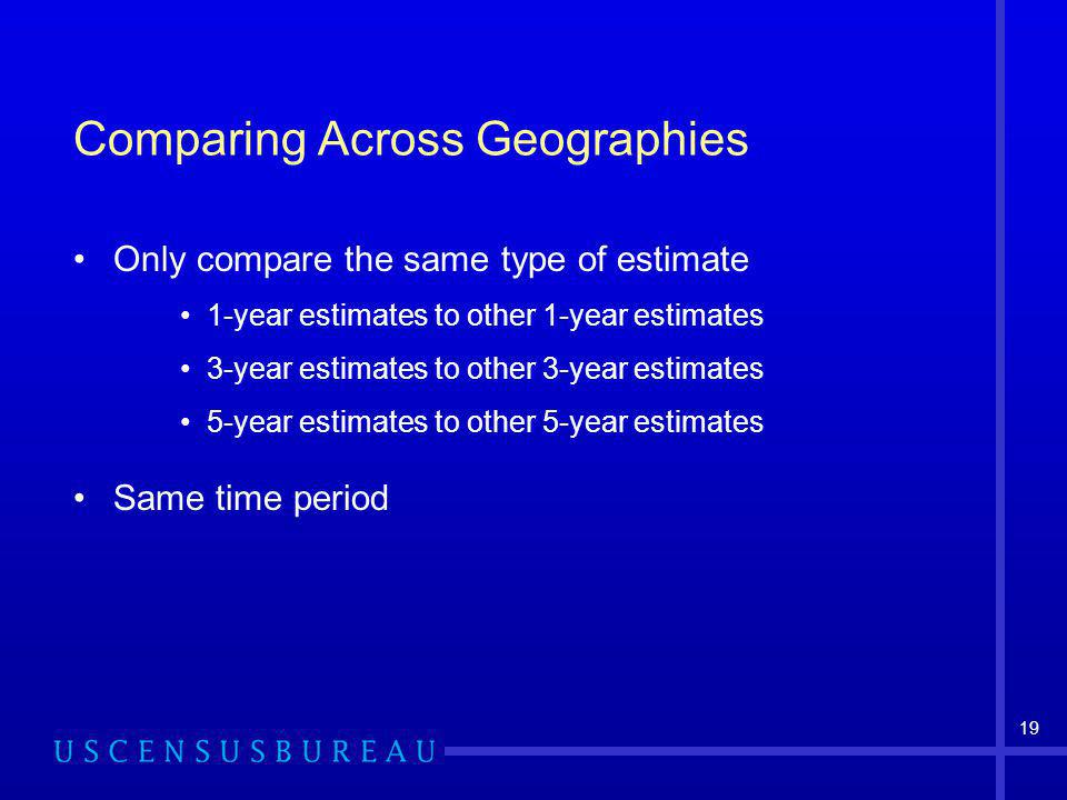 19 Comparing Across Geographies Only compare the same type of estimate 1-year estimates to other 1-year estimates 3-year estimates to other 3-year estimates 5-year estimates to other 5-year estimates Same time period