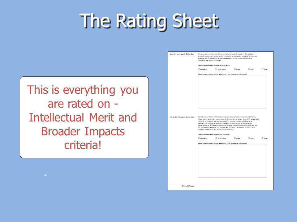 The Rating Sheet This is everything you are rated on - Intellectual Merit and Broader Impacts criteria!