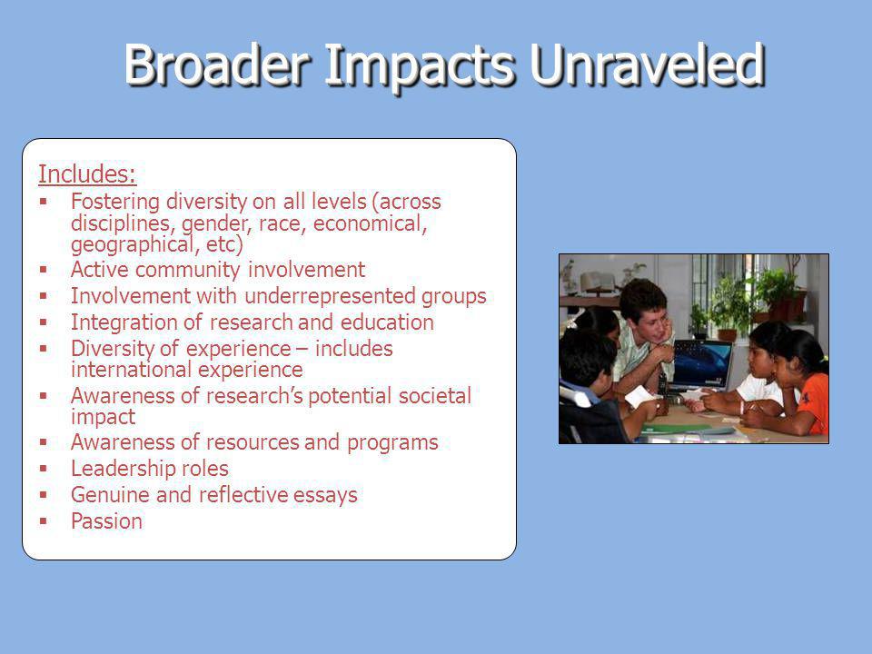 Broader Impacts Unraveled Includes: Fostering diversity on all levels (across disciplines, gender, race, economical, geographical, etc) Active community involvement Involvement with underrepresented groups Integration of research and education Diversity of experience – includes international experience Awareness of researchs potential societal impact Awareness of resources and programs Leadership roles Genuine and reflective essays Passion