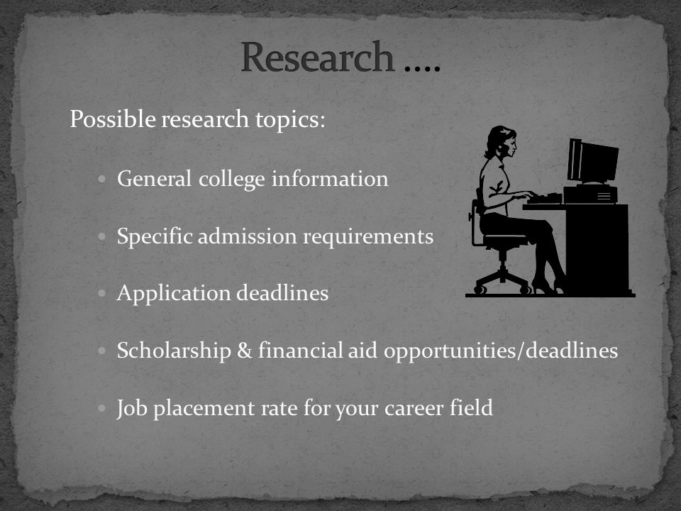 Possible research topics: General college information Specific admission requirements Application deadlines Scholarship & financial aid opportunities/deadlines Job placement rate for your career field