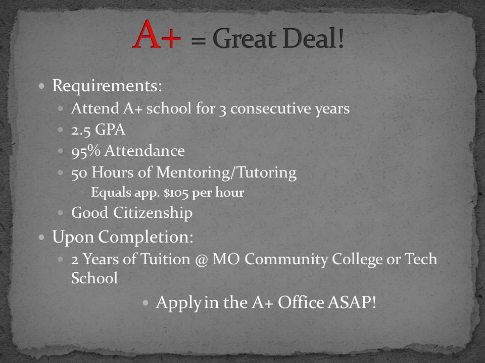 Requirements: Attend A+ school for 3 consecutive years 2.5 GPA 95% Attendance 50 Hours of Mentoring/Tutoring Equals app.