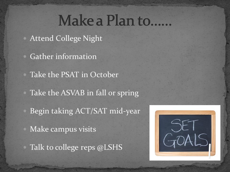 Attend College Night Gather information Take the PSAT in October Take the ASVAB in fall or spring Begin taking ACT/SAT mid-year Make campus visits Talk to college