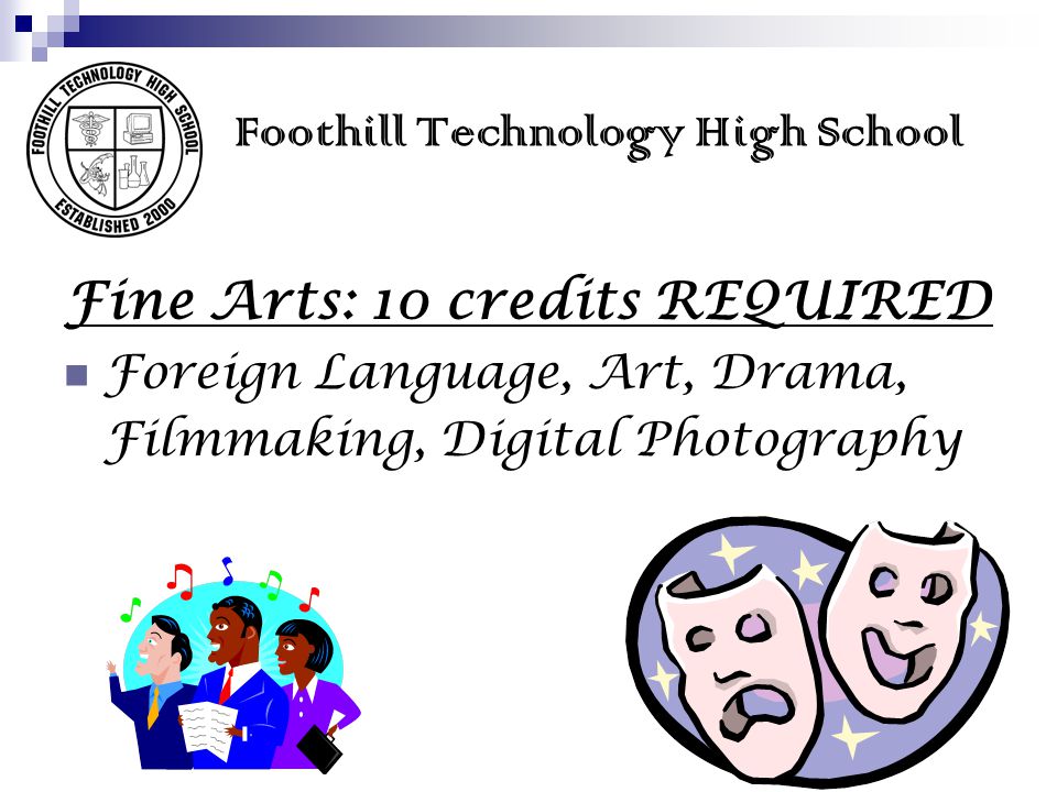 Foothill Technology High School Fine Arts: 10 credits REQUIRED Foreign Language, Art, Drama, Filmmaking, Digital Photography F T