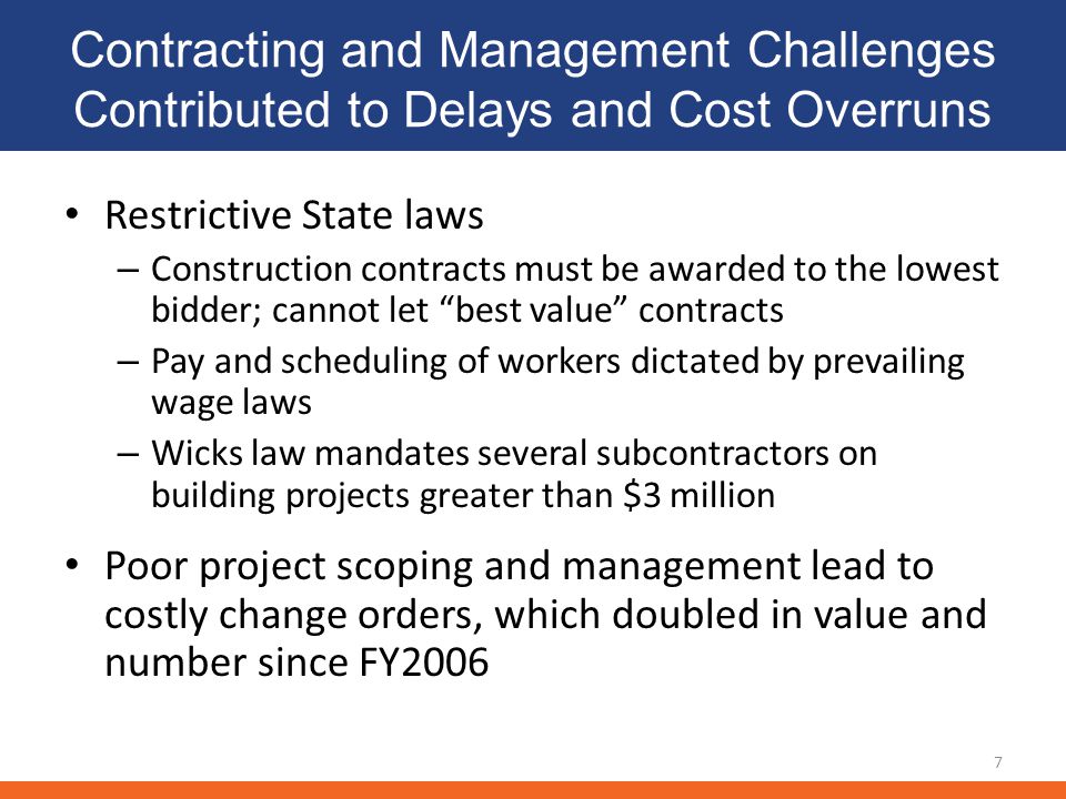 Contracting and Management Challenges Contributed to Delays and Cost Overruns Restrictive State laws – Construction contracts must be awarded to the lowest bidder; cannot let best value contracts – Pay and scheduling of workers dictated by prevailing wage laws – Wicks law mandates several subcontractors on building projects greater than $3 million Poor project scoping and management lead to costly change orders, which doubled in value and number since FY2006 7
