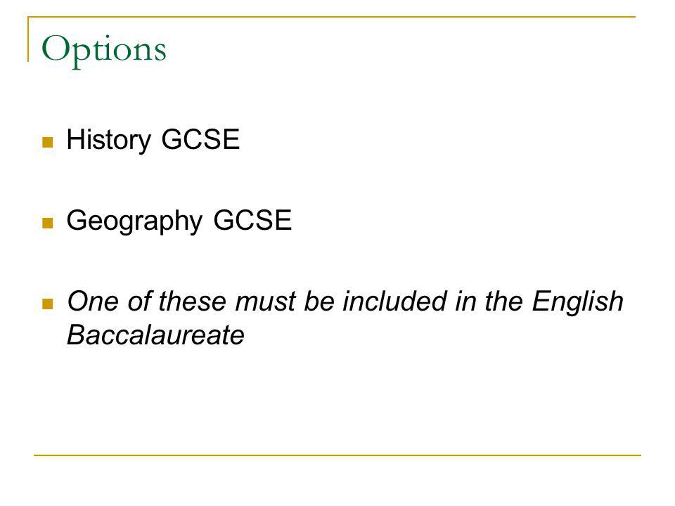Options History GCSE Geography GCSE One of these must be included in the English Baccalaureate
