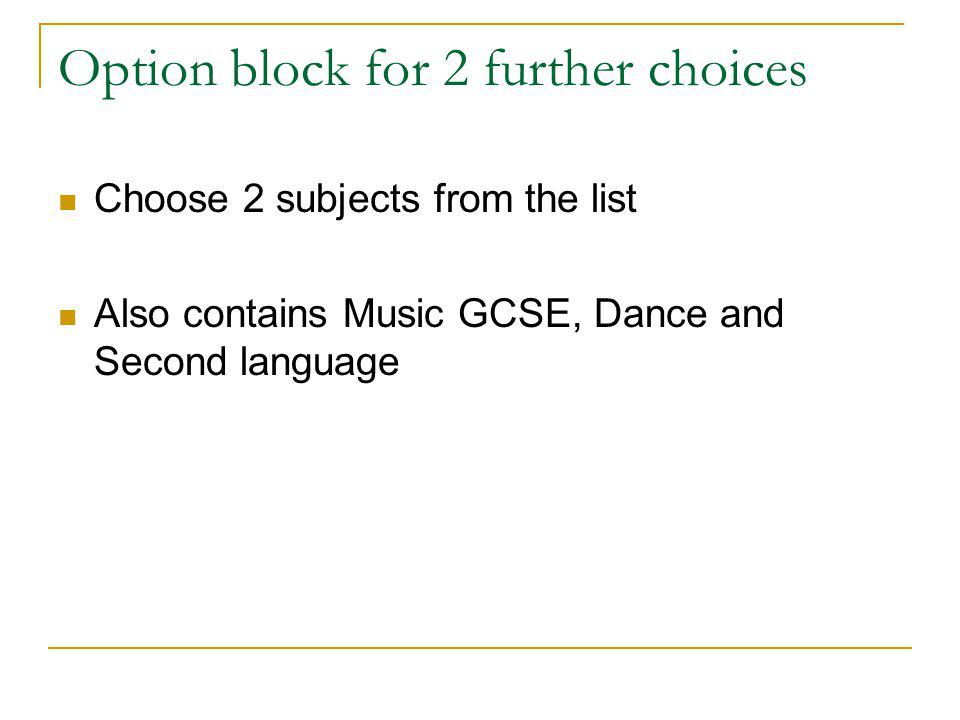 Option block for 2 further choices Choose 2 subjects from the list Also contains Music GCSE, Dance and Second language