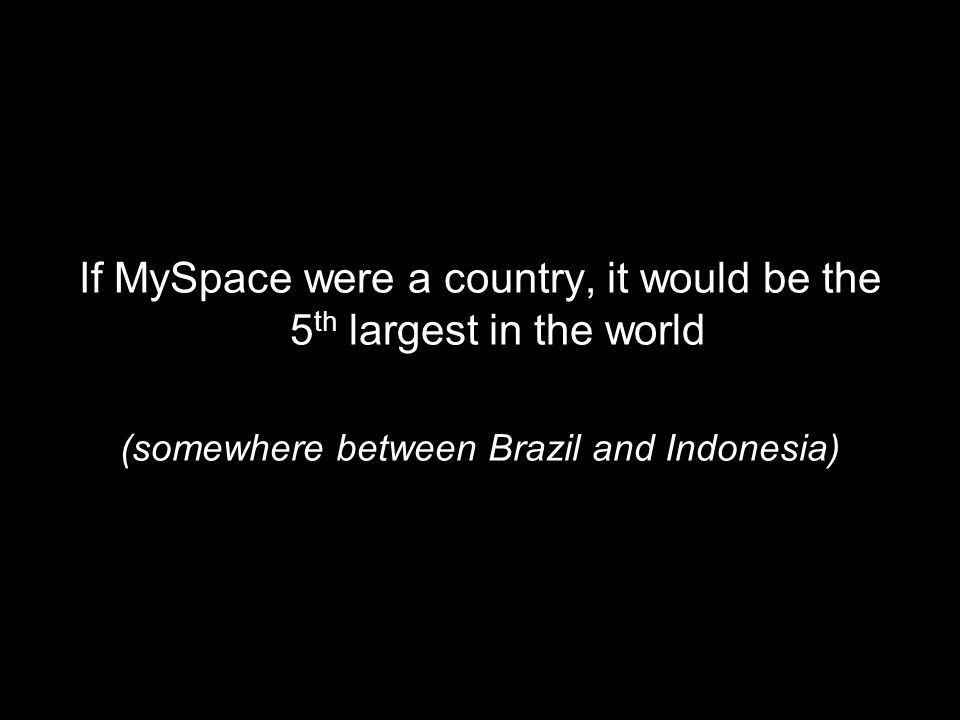 If MySpace were a country, it would be the 5 th largest in the world (somewhere between Brazil and Indonesia)