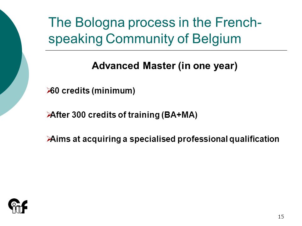 15 The Bologna process in the French- speaking Community of Belgium Advanced Master (in one year) 60 credits (minimum) After 300 credits of training (BA+MA) Aims at acquiring a specialised professional qualification