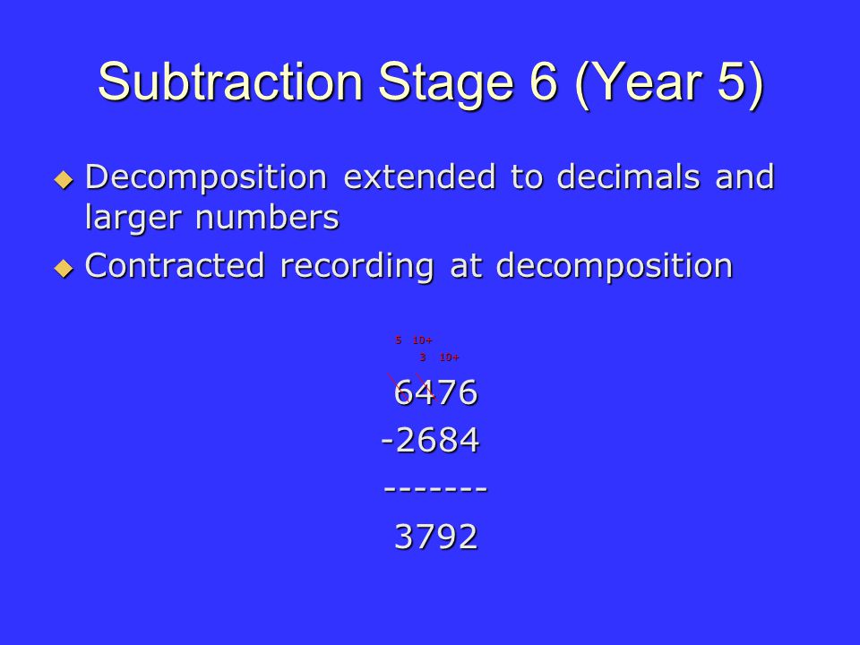 Subtraction Stage 6 (Year 5) Decomposition extended to decimals and larger numbers Decomposition extended to decimals and larger numbers Contracted recording at decomposition Contracted recording at decomposition