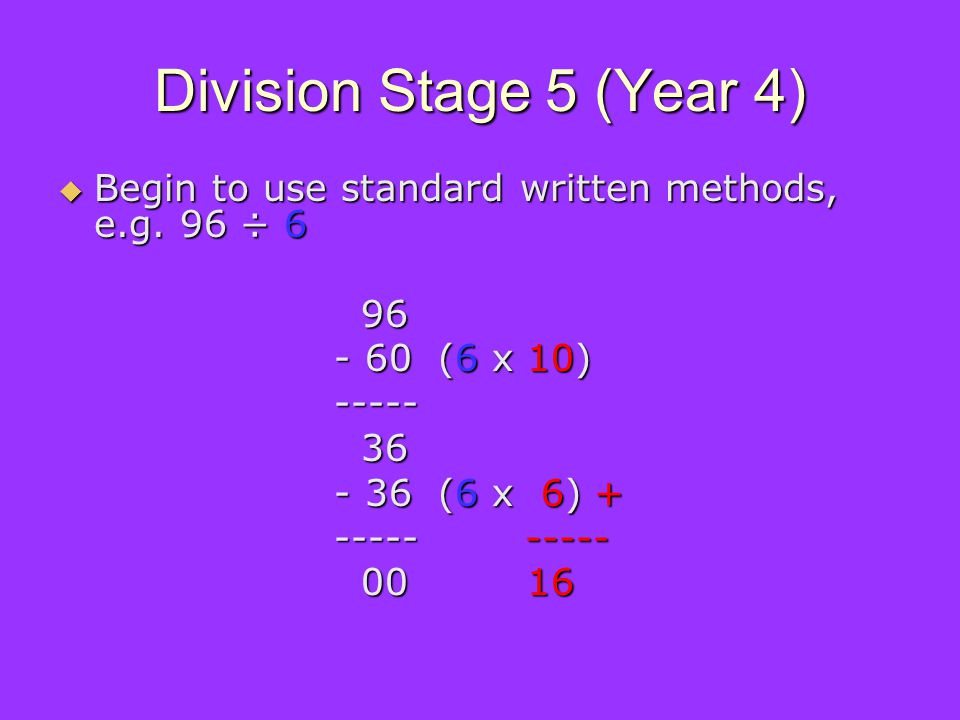 Division Stage 5 (Year 4) Begin to use standard written methods, e.g.