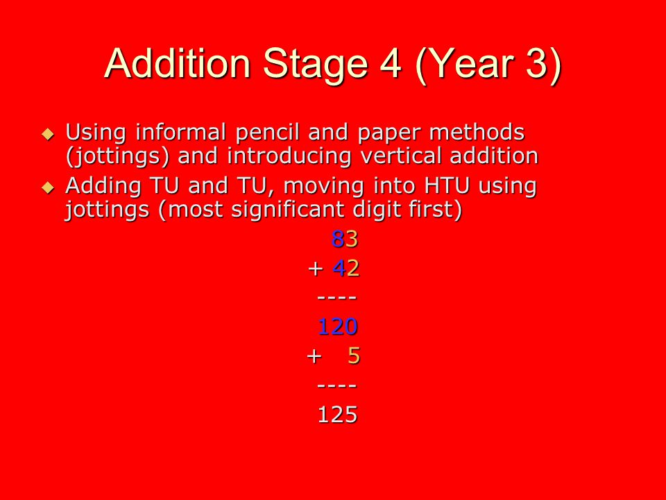 Addition Stage 4 (Year 3) Using informal pencil and paper methods (jottings) and introducing vertical addition Using informal pencil and paper methods (jottings) and introducing vertical addition Adding TU and TU, moving into HTU using jottings (most significant digit first) Adding TU and TU, moving into HTU using jottings (most significant digit first)