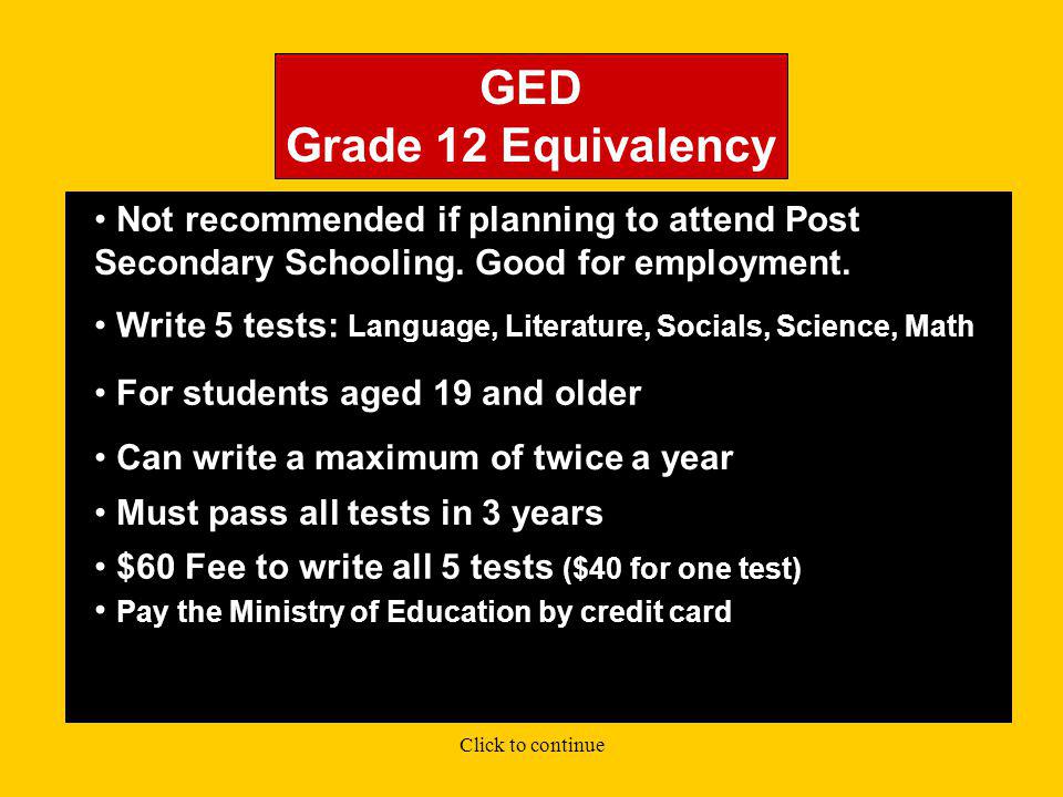 80 Credit The 80 Credit : Graduation: 1 grade 11 exam (SS or Civics) 3 grade 10 exams (Ma, Sc, En) For students born 1989 or later Must complete 20 courses Must write 5 Provincial exams 1 grade 12 exam (En or Com) Click to continue