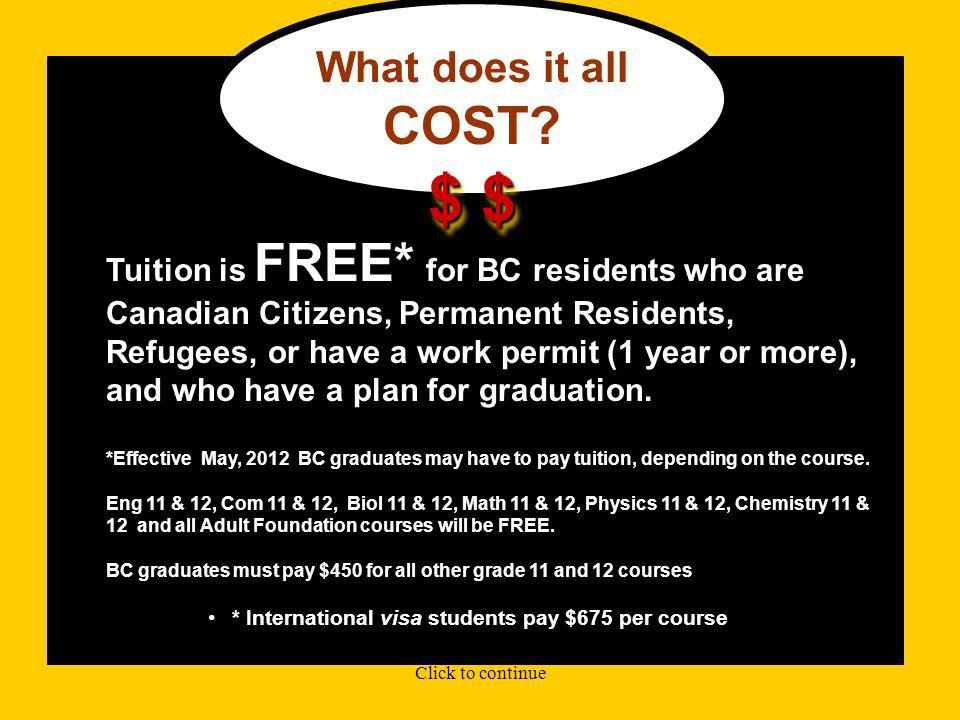 GED Grade 12 Equivalency Must pass all tests in 3 years Can write a maximum of twice a year For students aged 19 and older $60 Fee to write all 5 tests ($40 for one test) Pay the Ministry of Education by credit card Write 5 tests: Language, Literature, Socials, Science, Math Click to continue Not recommended if planning to attend Post Secondary Schooling.