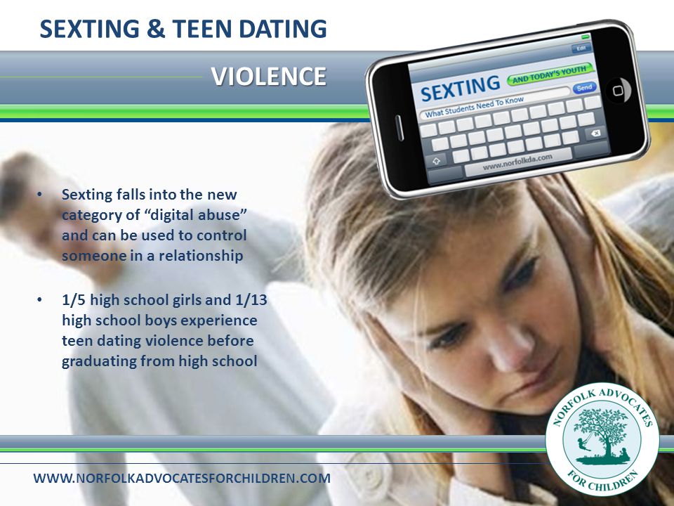 VIOLENCE SEXTING & TEEN DATING Sexting falls into the new category of digital abuse and can be used to control someone in a relationship 1/5 high school girls and 1/13 high school boys experience teen dating violence before graduating from high school