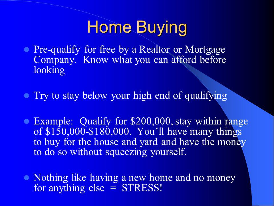 Home Buying Pre-qualify for free by a Realtor or Mortgage Company.