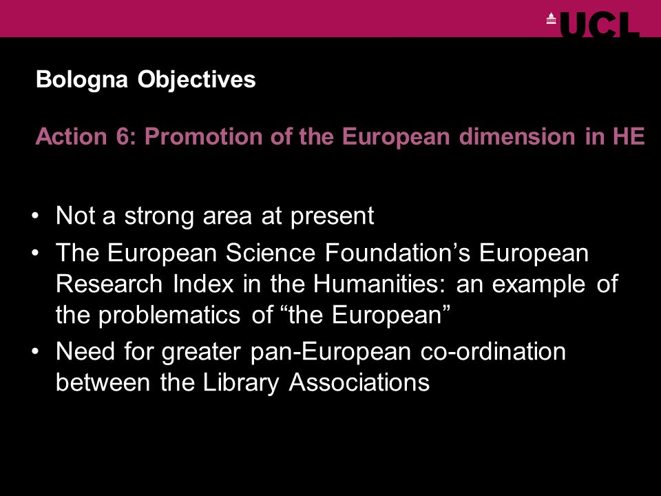 Bologna Objectives Action 6: Promotion of the European dimension in HE Not a strong area at present The European Science Foundations European Research Index in the Humanities: an example of the problematics of the European Need for greater pan-European co-ordination between the Library Associations