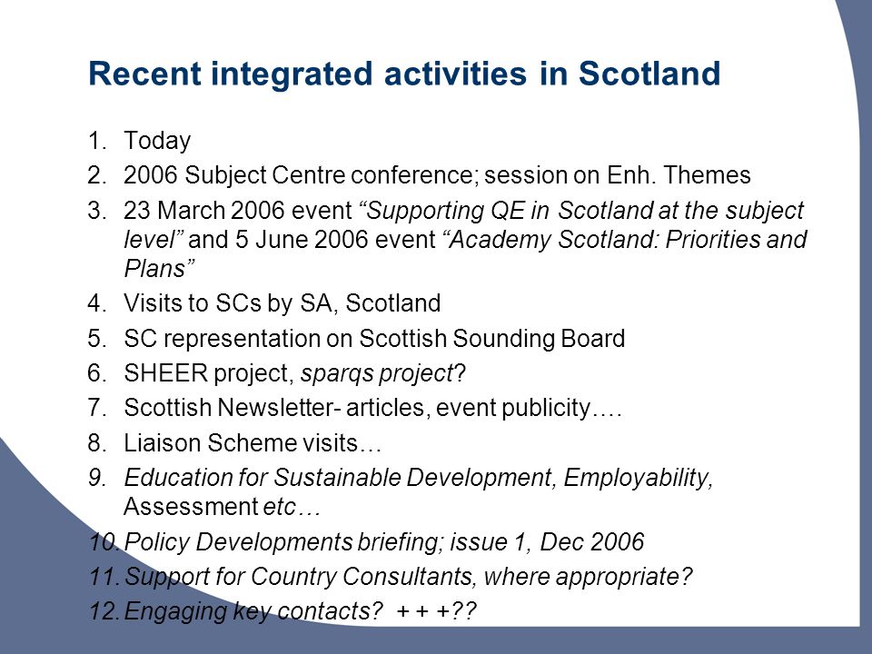 Recent integrated activities in Scotland 1.Today Subject Centre conference; session on Enh.