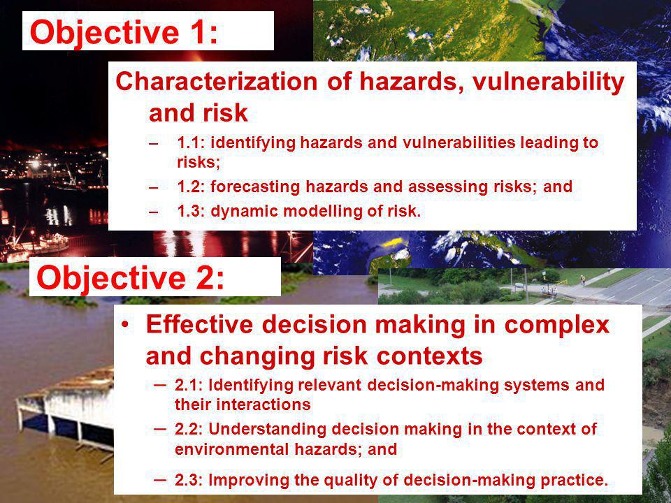 Objective 1: Characterization of hazards, vulnerability and risk –1.1: identifying hazards and vulnerabilities leading to risks; –1.2: forecasting hazards and assessing risks; and –1.3: dynamic modelling of risk.