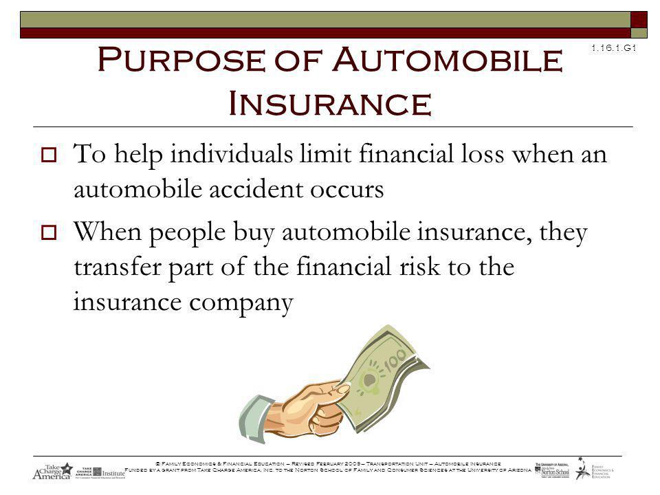G1 © Family Economics & Financial Education – Revised February 2009– Transportation Unit – Automobile Insurance Funded by a grant from Take Charge America, Inc.