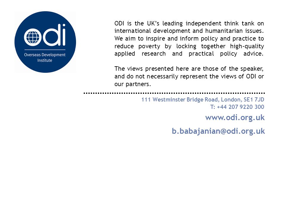 ODI is the UKs leading independent think tank on international development and humanitarian issues.