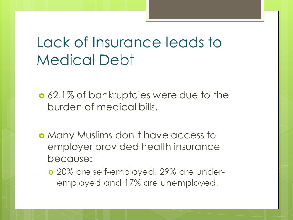Lack of Insurance leads to Medical Debt 62.1% of bankruptcies were due to the burden of medical bills.