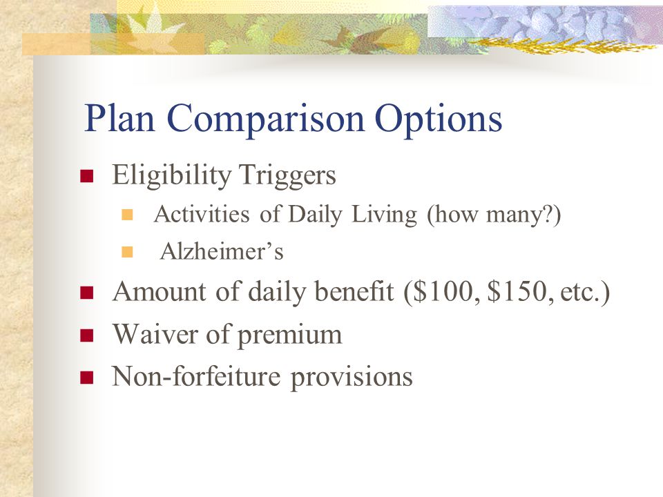 Plan Comparison Options Eligibility Triggers Activities of Daily Living (how many ) Alzheimers Amount of daily benefit ($100, $150, etc.) Waiver of premium Non-forfeiture provisions