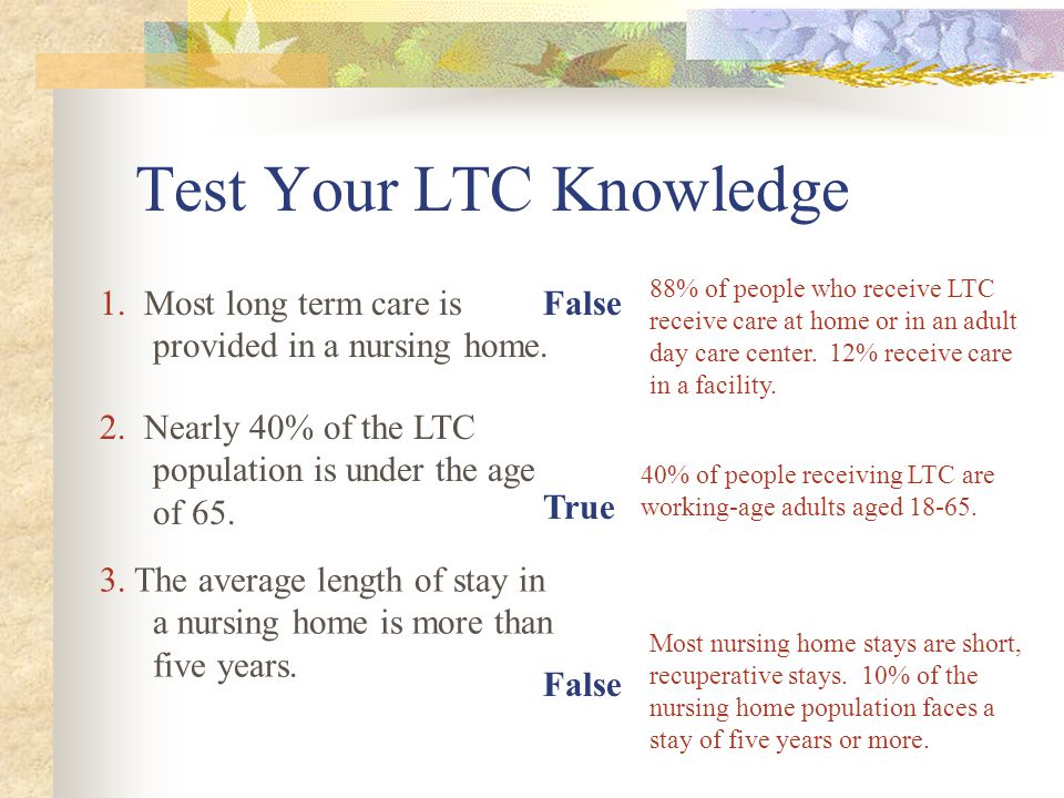 Test Your LTC Knowledge False True 1. Most long term care is provided in a nursing home.