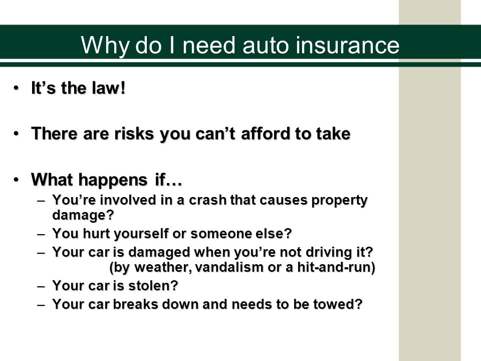Why do I need auto insurance Its the law!Its the law.