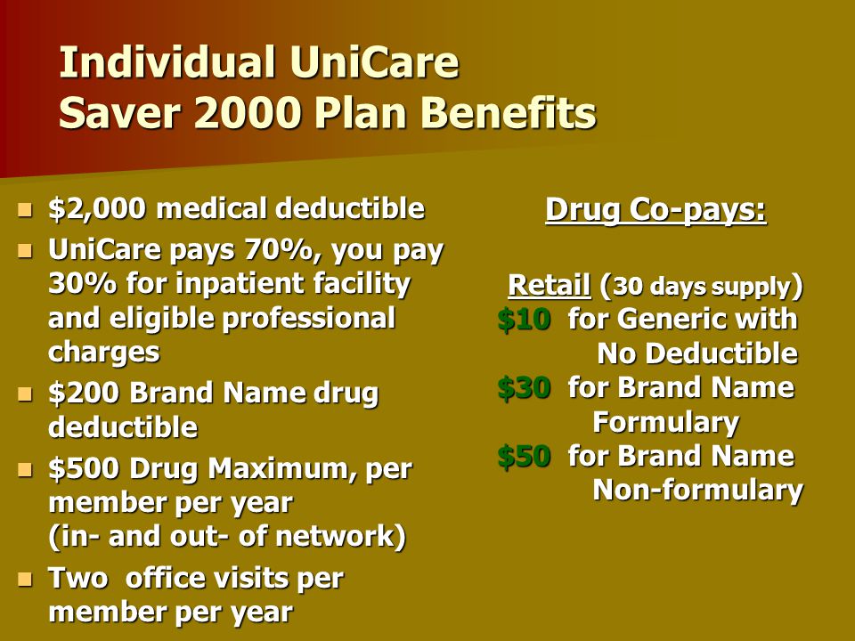 Individual UniCare Saver 2000 Plan Features This is a hospital plan with two office visits and some limited outpatient pharmacy and lab & xray This is a hospital plan with two office visits and some limited outpatient pharmacy and lab & xray Benefits include 2 office visits to participating providers per member per year before deductible is met at a $30 Copay Benefits include 2 office visits to participating providers per member per year before deductible is met at a $30 Copay Preventive care benefit Preventive care benefit