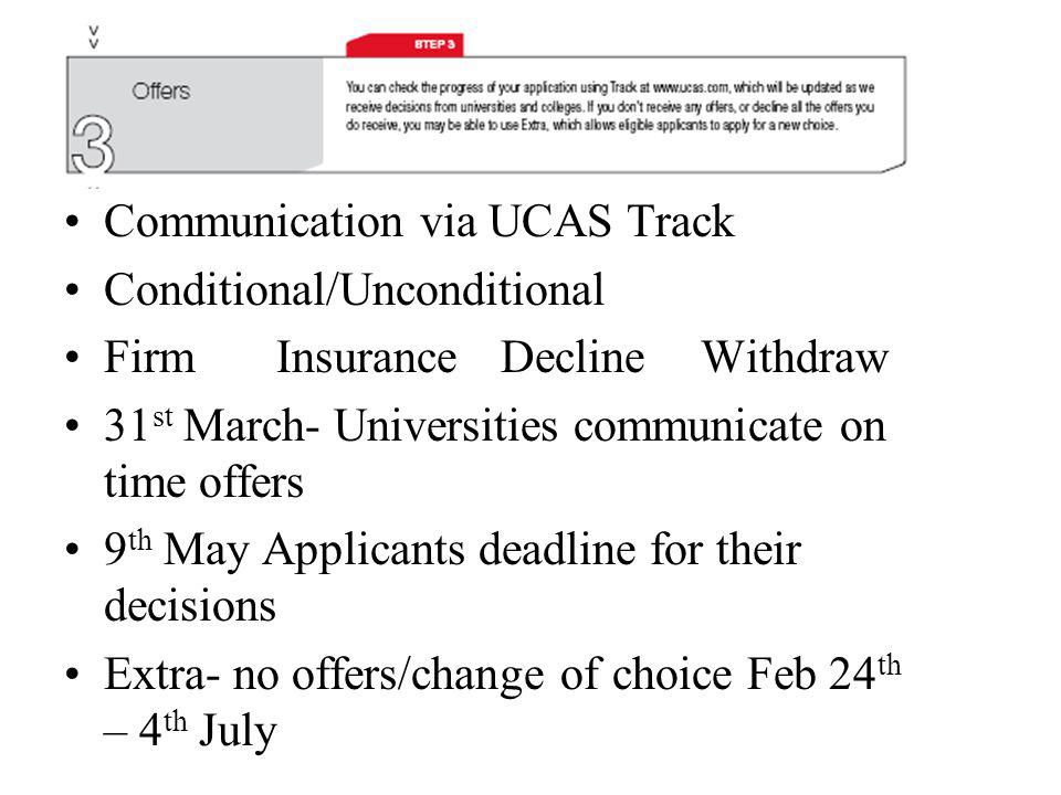 Communication via UCAS Track Conditional/Unconditional FirmInsurance DeclineWithdraw 31 st March- Universities communicate on time offers 9 th May Applicants deadline for their decisions Extra- no offers/change of choice Feb 24 th – 4 th July