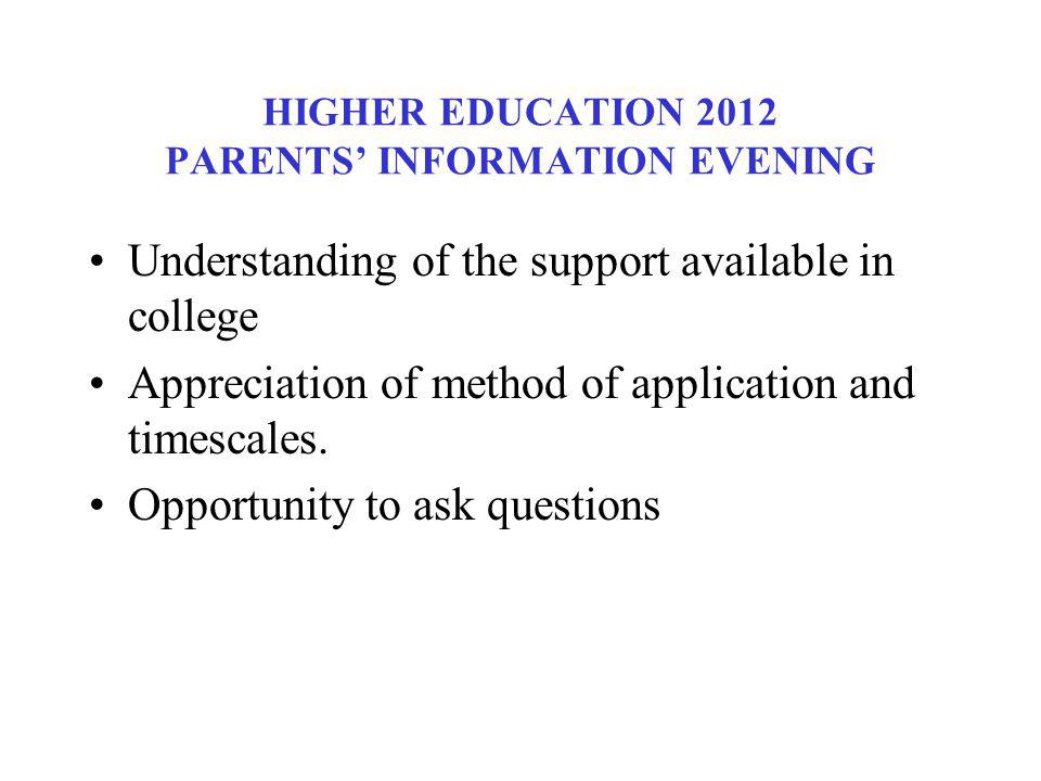HIGHER EDUCATION 2012 PARENTS INFORMATION EVENING Understanding of the support available in college Appreciation of method of application and timescales.
