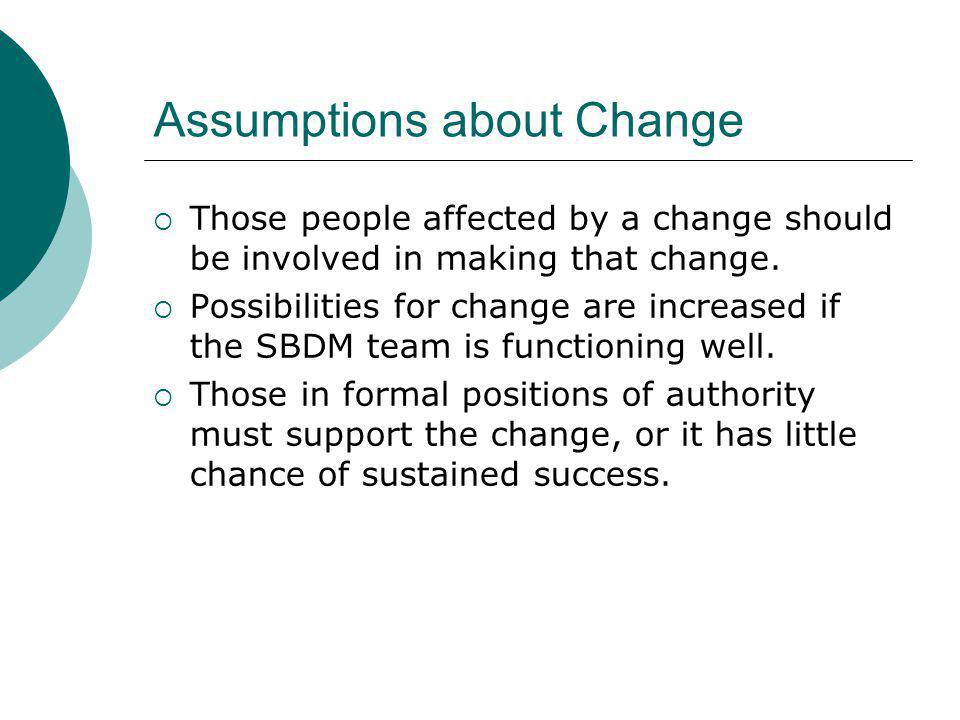Assumptions about Change Those people affected by a change should be involved in making that change.