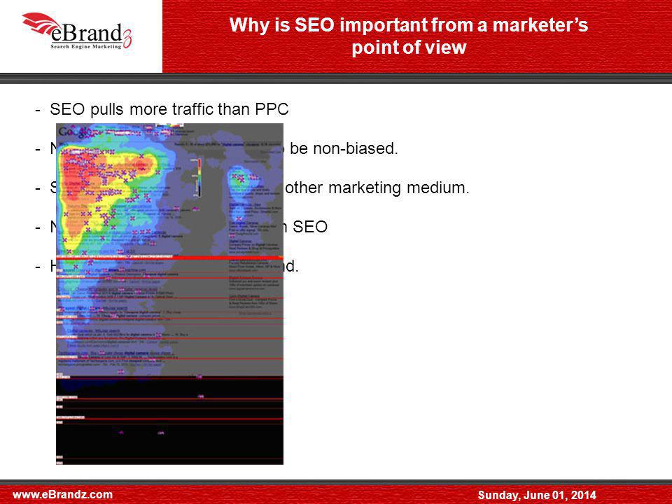 Sunday, June 01, 2014 Why is SEO important from a marketers point of view - SEO pulls more traffic than PPC - Natural listings are perceived to be non-biased.