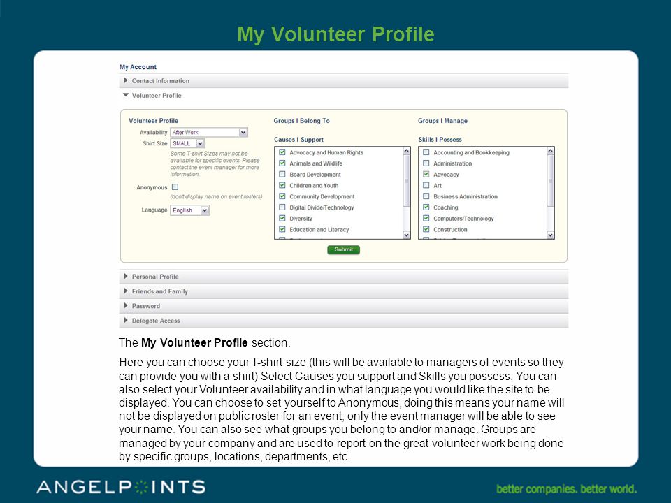 My Volunteer Profile The My Volunteer Profile section.