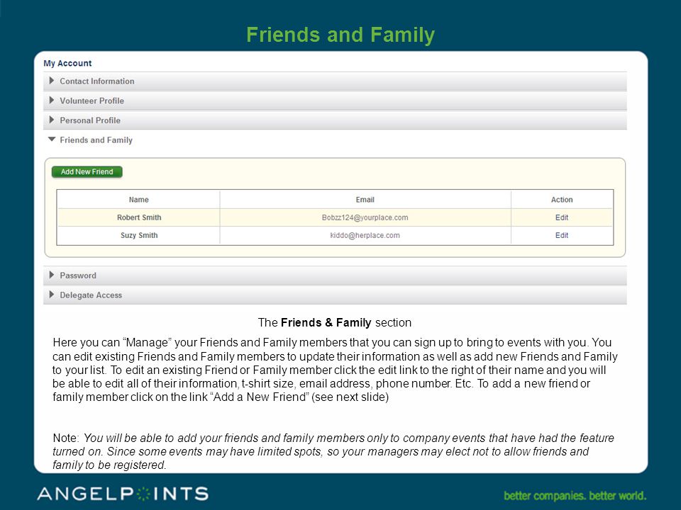 Friends and Family The Friends & Family section Here you can Manage your Friends and Family members that you can sign up to bring to events with you.