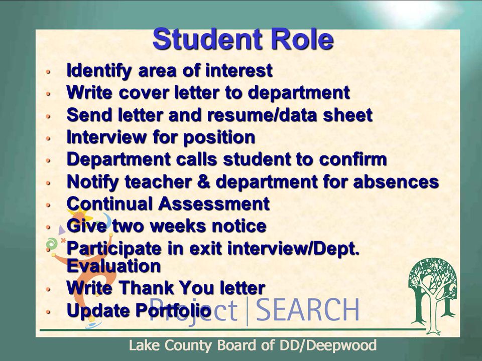 Student Role Identify area of interest Identify area of interest Write cover letter to department Write cover letter to department Send letter and resume/data sheet Send letter and resume/data sheet Interview for position Interview for position Department calls student to confirm Department calls student to confirm Notify teacher & department for absences Notify teacher & department for absences Continual Assessment Continual Assessment Give two weeks notice Give two weeks notice Participate in exit interview/Dept.