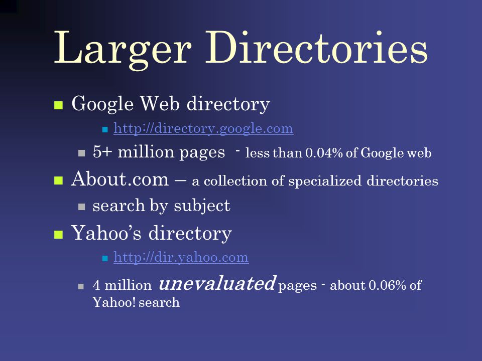 Larger Directories Google Web directory   5+ million pages - less than 0.04% of Google web About.com – a collection of specialized directories search by subject Yahoos directory   4 million unevaluated pages - about 0.06% of Yahoo.